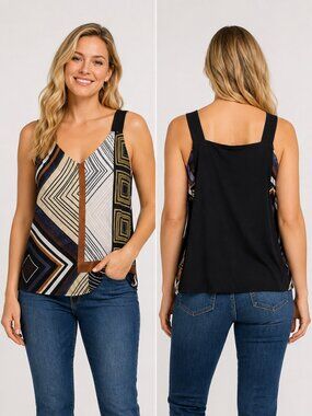 Tribal Women's Geometric Sleeveless Blouse Size 10 Black Multicolor Made in Can